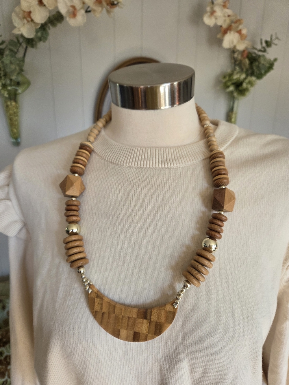 Vintage Handmade Natural Wood Beaded Crescent Necklace - Brown